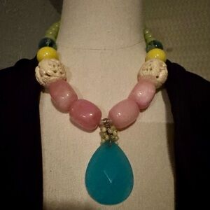 Bold Chunky Statement Necklace Colorful Beads & Teardrop Pendant